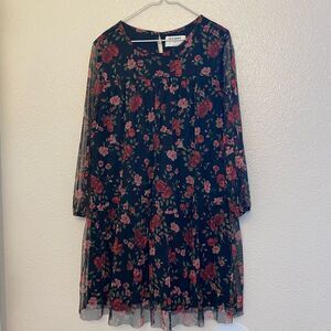 Old Navy long Sleeve stretch soft mesh Tiered Tulle Dress black floral L 10-12